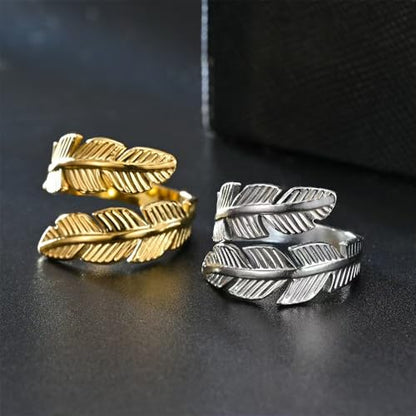 Adjustable Stainless Steel Feather Leaf Ring for Women Men - color: Silver