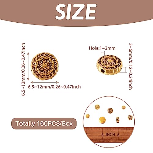Craftdady 160Pcs Antique Gold Flat Round Spacer Beads 6-12mm Tibetan Metal Coin Disc Circle Loose Beads for Jewelry Crafts Making Hole:1-2mm - color: Antique Gold, Flat Round,160pcs