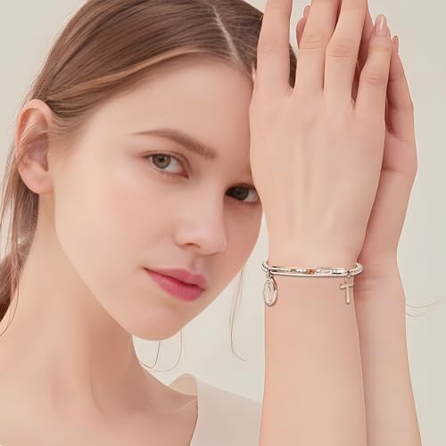 DS Inspirational Bracelet for Women Christian Engraved Bibler Verse Cross Butterfly Daisies Charm Bracelet, Exquisite Stainless Steel Jewelry Daughter Best Friend Bestie - style: God is Within Her She Will Not Fall-Rose Gold