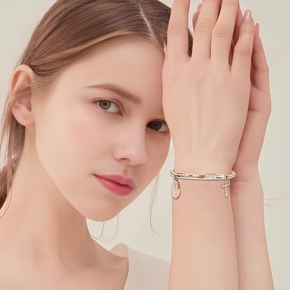DS Inspirational Bracelet for Women Christian Engraved Bibler Verse Cross Butterfly Daisies Charm Bracelet, Exquisite Stainless Steel Jewelry Daughter Best Friend Bestie - style: God is Within Her She Will Not Fall-Rose Gold