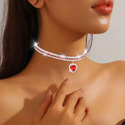 CLOACE Rhinestone Choker Necklace Heart Pendant Diamond Row Necklaces Sparkly Crystal Prom Chain Jewerly Accessories for Women - color: Red