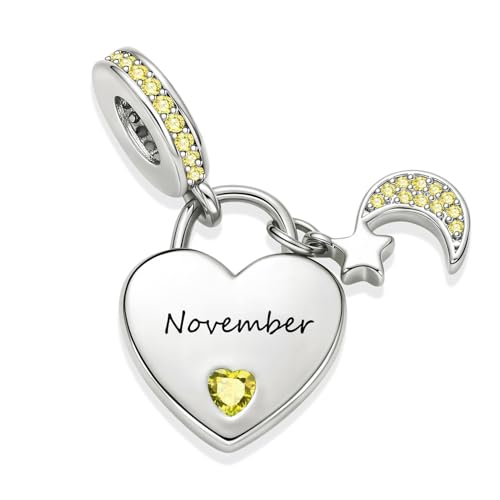 12 Months Birthstone Heart Charm Moon and Star Pendant Bead Compatible with Pandora Bracelet Women - style: November