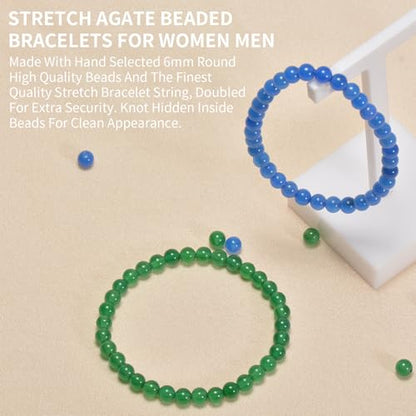 2PCS Agate Bracelet for Women Men Natural Round Beaded Agates Stone Healing Stretch Bracelets Elastic Handmade Polished Gemstone Beads Bracelet - color: Blue+Green, size: 6mm Beads
