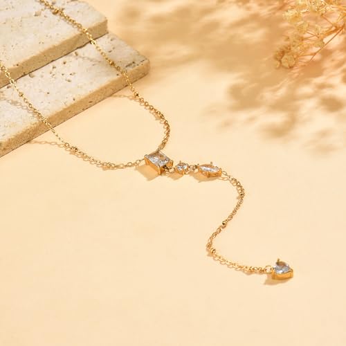 Lariat Necklaces for Women 18K Gold Plated Cubic Zirconia Heart Necklaces Dainty Star Lightning Sun and Moon Necklace Trendy Y Shaped Drop Diamond Necklace - color: 4 CZ Y Necklace-GD