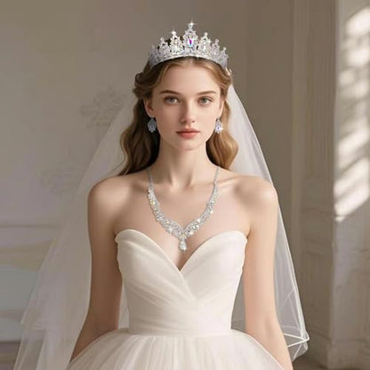 Tiaras and Crowns for Women,Tiaras Earrings Necklace, Crystal Bridal Jewelry Set - color: Silver AB