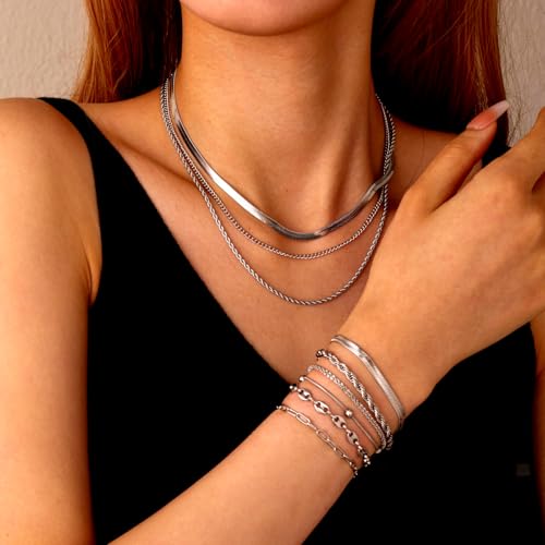 18K Gold Plated Necklace Bracelet Set Womens Stackable Adjustable Stainless Steel Minimalist Modern Everyday Jewelry Gift Gold and Silver - style: 9 Pcs Silver Jewelry Set