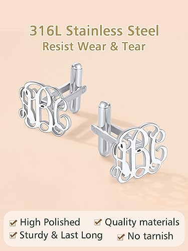 FindChic Stainless Steel Round Cufflinks with Custom Text/Picture/Monogram Letters 18K Gold Plated/Black Color for Men Groom Suits Shirts, with Gift Box - style: 04. custom 3 monograms (stainless steel)