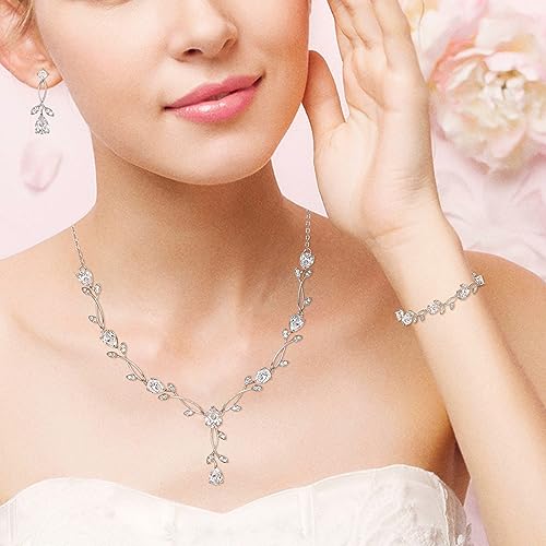 EVER FAITH Cubic Zirconia Pearl Leaf Bridal Jewelry Set for Bride Women | White Wedding Prom Necklace Dangle Earrings Bracelet, for Bridesmaid - color: CZ_Clear Silver-Plated-Brass