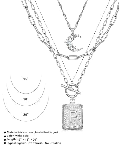 MJartoria Layered Initial Necklaces for Women Trendy, 14K Gold Plated Brass Simple Moon Choker Square Letter Pendant Necklace, Paperclip Chain Necklaces Jewelry Gifts - color: Silver, style: P