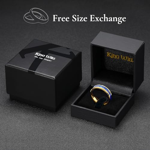 King Will Mens Wedding Band with Foils Inlay, Black/Silver/Gold | Black, 6mm/8mm, Beveled Edge, Comfort Fit, Glowstone Ring, Everyday Wear - color: Gold&Blue-6mm