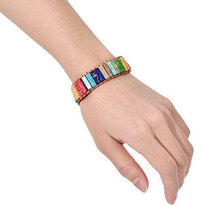 sedmart 7 Chakra Bracelets for Women with Real Stones Leather Wrap Healing Bead Bracelet Women Men Boho Friendship Jewelry - color: A6 Colorful Square button & Chakra