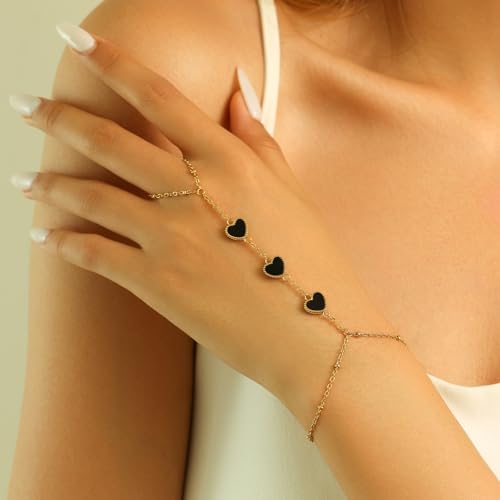 Hand Chain Bracelets for Women 14K Gold Plated Dainty Link Bracelet Bracelets Trendy Ring Bracelet Birthday Jewelry Gifts for Women - style: Black Heart