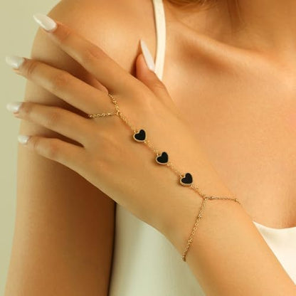 Hand Chain Bracelets for Women 14K Gold Plated Dainty Link Bracelet Bracelets Trendy Ring Bracelet Birthday Jewelry Gifts for Women - style: Black Heart