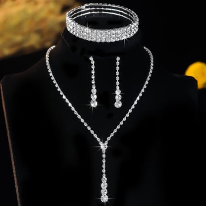 Wedding Jewelry Sets for Brides Rhinestone Necklace and Earring Set Bracelet Ring Gold Silver Prom Jewelry Sets Diamond Flower Teardrop Necklace for Women - color: Style2-Silver-3pcs