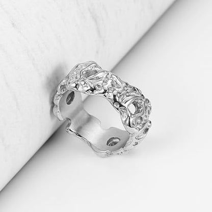 HZMAN Irregular Potholed Ring for Men Women Peculiar Stainless Steel Silver Ring Biker Wedding Cocktail Party Jewelry