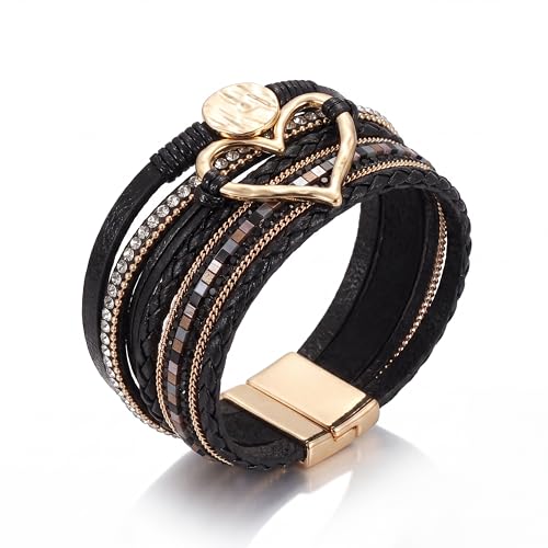 Edoneery Leather Wrap Bracelets for Women, Boho Layered Cuff Bangle | Multi-layer Leather Cuff, Daily wear, Stackable Bangle, Easy on-off, Western Jewelry Gifts for Women - color: Black-2