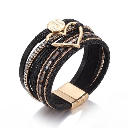 Edoneery Leather Wrap Bracelets for Women, Boho Layered Cuff Bangle | Multi-layer Leather Cuff, Daily wear, Stackable Bangle, Easy on-off, Western Jewelry Gifts for Women - color: Black-2