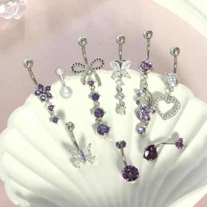 Suotarn 14G Belly Button ring Dangle Belly Rings Surgical Stainless Steel Cute Bow Butterfly Heart Flower Dangling Belly Button Piercing Jewelry For Women Silver Dainty Dangly Navel Ring - color: purple