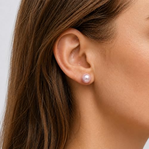 Cultured Pearl Stud Earrings for Women, Sterling Silver Hypoallergenic Gift - color: lavender, size: 8mm