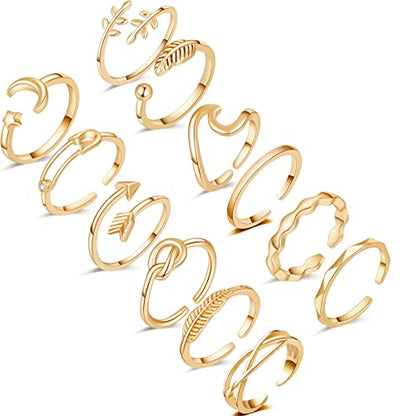 Honsny 12PCS Silver Plated Rings Adjustable Open Rings for Women Cute Gold Plated Stackable Thumb Rings Joint Chain Midi FingerArrow Knot Wave Band Rings Set - color: 12PCS Silver B