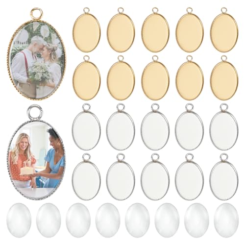 PH PandaHall 40pcs 304 Stainless Steel Pendant Tray Kit, 20pcs Oval Pendant Blank Bezel 20pcs 18x13mm Glass Clear Cabochon Dome Photo Pendants for Necklace Wedding Bouquet Graduation Photo Charm, 2 Colors