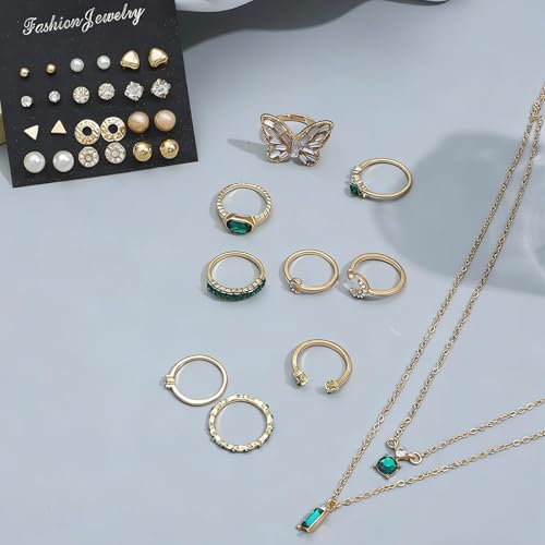 NEWITIN 49 Pieces Gold Jewelry Set for Women Fashion Costume Jewelry Gold Plated Necklace Bracelet Ring Earrings Set for Women - color: Gold Jewelry Set C