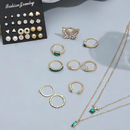 NEWITIN 49 Pieces Gold Jewelry Set for Women Fashion Costume Jewelry Gold Plated Necklace Bracelet Ring Earrings Set for Women - color: Gold Jewelry Set C