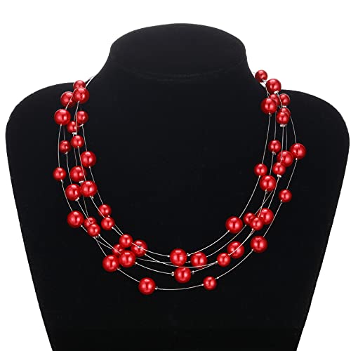 FULU AUTUMN Layered Pearl Necklace Multi-strand Pearl Choker Necklaces for Women Beaded jewelry for Wedding Parties - color: Red