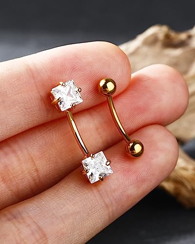 2pcs 16g Small Size Belly Button Rings Pack Surgical Steel Square AAA CZ Curved Barbell Navel Rings New - color: gold