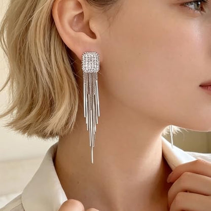 Rhinestone Tassel Earrings for Women, Elegant Long Silver Dangle Earrings for Wedding Party Formal Event Fashion Jewelry