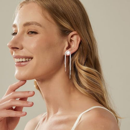 Robaice 14K Gold Plated Dangle Earrings for Women, Long Drop Earrings | Dainty Tassel Earrings Trendy, Hypoallergenic Dangling Lip Block Snake Chain, Threader Earrings for Women, Jewelry Gifts - color: Silver 1