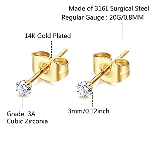 6Pairs 2mm/3mm Surgical Steel Hypoallergenic Piercing Studs, 20G 14K Real Gold Filled Tiny Stud Earrings Set for Multiple Hole Piercing (Cubic Zirconia, Pearl, Ball) - style: F : Cubic Zirconia, Gold, 3MM, 6 Pairs