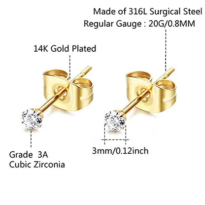 6Pairs 2mm/3mm Surgical Steel Hypoallergenic Piercing Studs, 20G 14K Real Gold Filled Tiny Stud Earrings Set for Multiple Hole Piercing (Cubic Zirconia, Pearl, Ball) - style: F : Cubic Zirconia, Gold, 3MM, 6 Pairs