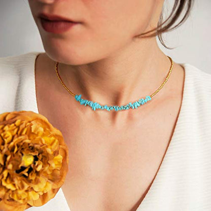 Aobei Pearl Gemstone Beaded Choker Necklace for Women Boho Turquoise/Cultured Freshwater Pearls/Garnet/Amazonite Jewelry - color: B Blue-greenTurquoise & Hematite