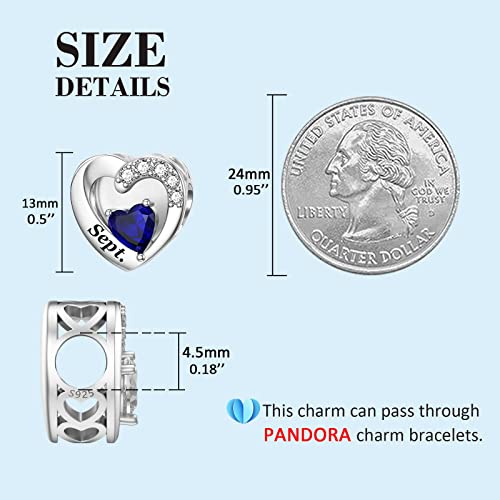 SEVENWELL Jan-Dec Birthstone Charms for Pandora Bracelets, Heart Charm | Fits Most European Charm Bracelets, Sparkling Heart CZ, Birth Flower Engraved, Gift Ready, Nickel-Free - color: September Birthstone Charm