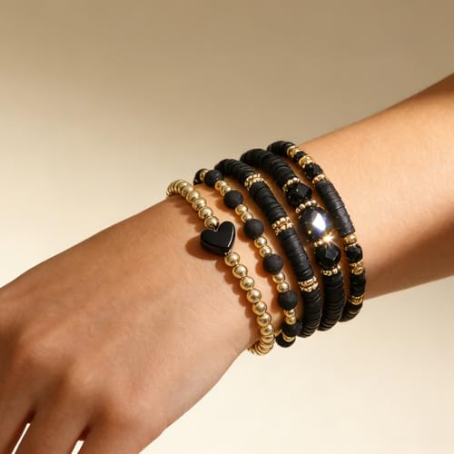 Alegend 14K Gold Plated Stackable Multilayer Bracelets + Titanium Steel(Not Rust, Resist Corruption, Easily Clean) 18K Gold Plated Single Bracelets - color: 14K Gold Plated Black Beaded