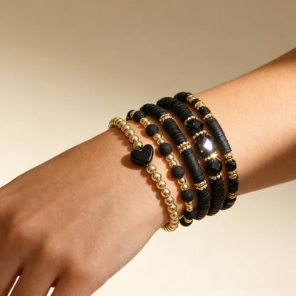 Alegend 14K Gold Plated Stackable Multilayer Bracelets + Titanium Steel(Not Rust, Resist Corruption, Easily Clean) 18K Gold Plated Single Bracelets - color: 14K Gold Plated Black Beaded
