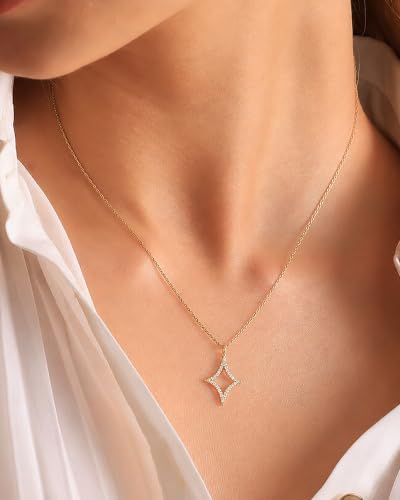 Gold Necklace for Women, 14K Gold Plated Cubic Zirconia Pendant Necklace, Dainty Heart Moon Circle Paperclip Jewelry for Layering, Everyday Birthday Gift - color: Gold Hollow Star