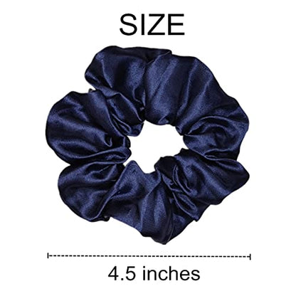 6 Pcs Satin Silk Scrunchies - Soft Hair Ties, Fashion Bands, Bows, Ropes, Elastic Bracelets, Ponytail Holders for Women and Girls (4.5 Inch, Navy Blue) - color: Navy Blue