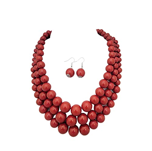 Fashion 21 Women's Faux Pearl Three Multi-Strand Statement Necklace and Earrings Set - color: Red