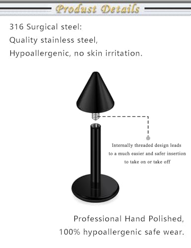 Internally Threaded Labret Studs 18G 16G 14G Surgical Steel Lip Piercing Jewelry with Claw Tool Monroe Snake Bite Jewelry Flat Back Barbell for Women Men Plus Piercing Ball Grabber Tool - color: black, size: 16g,ball+spike end