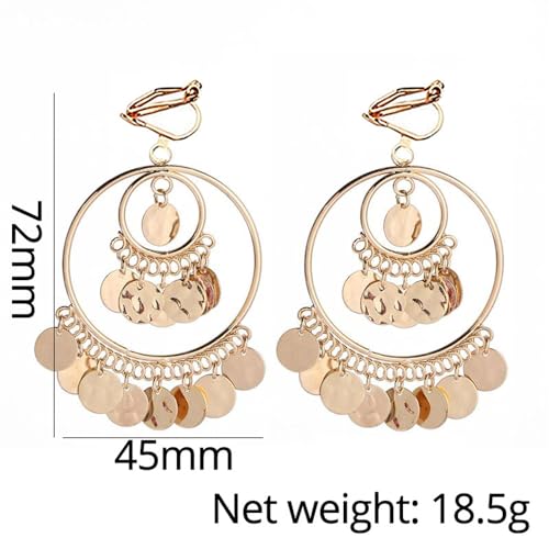 Clip On Boho Disc Tassel Long Dangle Drop Earrings for Women Non Pierced Ear Fake Stud Fashion Round Coin Hollow Circle Moon Shaped Big Dangling Hypoallergenic Jewelry Christmas Gift - color: Gold