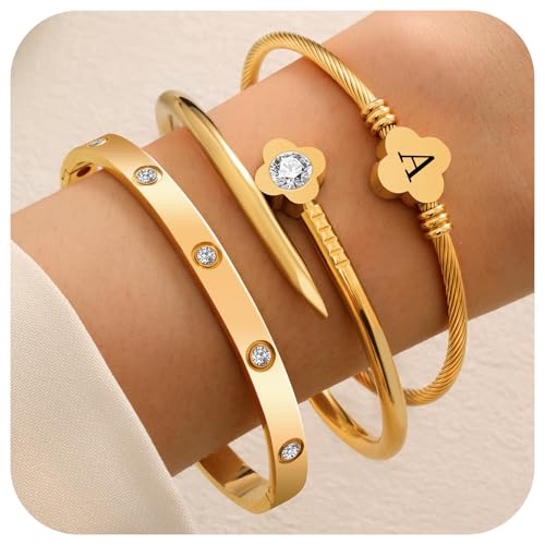 14K Gold Plated Personalized Flower Bracelet Set with Initial Charm Trendy Stackable Jewelry for Women - style: style1 A