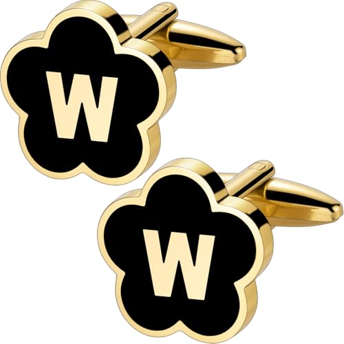 Initial Cufflinks for Mens,Personalized Black Glod Pated Letter Shirts CuffLinks,Stainless Steel Cuff Links, Business Wedding Gift A-Z - style: Letter W