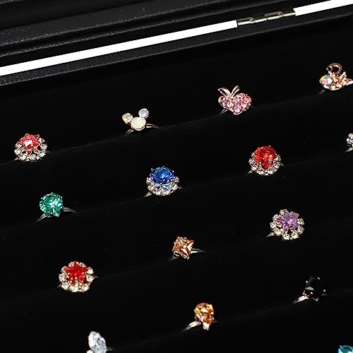 Wudygirl Ring Holder Leather Jewelry Tray with Lid 13.7"x9.4" Black | 7 Slot Ring Organizer with Velvet Liner, Ideal for Jewelry Storage, Dresser Drawer or Gift, Dustproof Design - style: 7 Slot Ring Tray