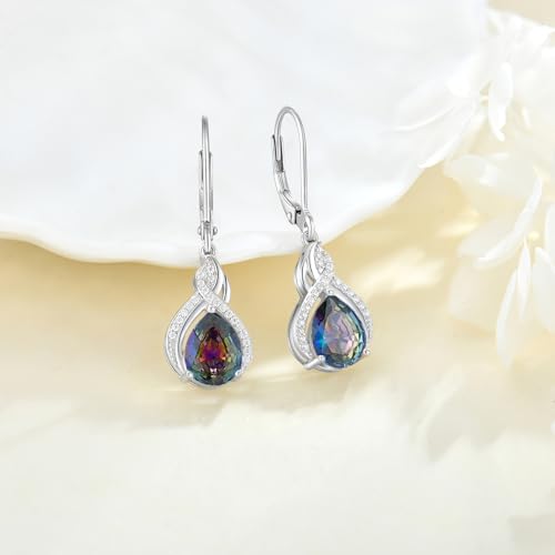 925 Sterling Silver Infinity Teardrop Earrings for Women | Lwsary Dangle Drop Leverback Earrings, Pear Shaped Birthstone Jewelry for Her - color: Rainbow