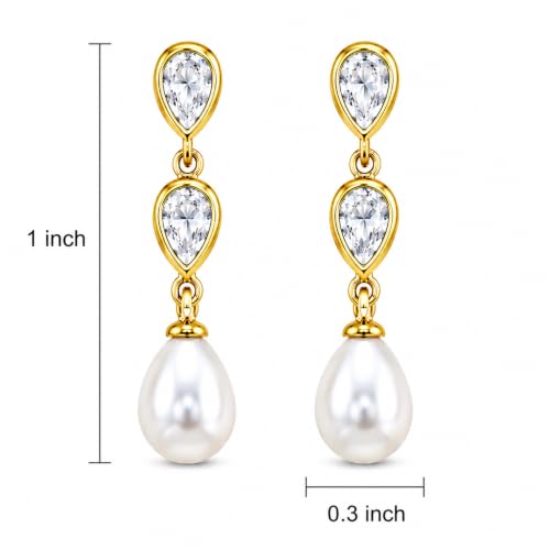 Pearl Earrings for Women, 14k Gold Plated Trendy Diamond Pearl Drop Earrings Hypoallergenic Dainty Bridal Gifts Wedding jewelry for Women - color: Gold-Pearl Style B