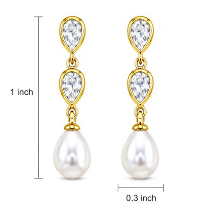 Pearl Earrings for Women, 14k Gold Plated Trendy Diamond Pearl Drop Earrings Hypoallergenic Dainty Bridal Gifts Wedding jewelry for Women - color: Gold-Pearl Style B