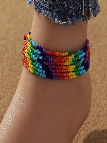Pingyongchang Rainbow Pride Anklet LGBT Beaded Bracelet Gifts Elastic Multi-Layer Rice Beads Friendship String Bangle for Gay And Lesbian Pride Month Accessories Bohemian Summer Beach Foot Jewelry