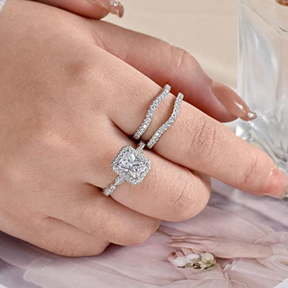 Newshe Jewellery Moissanite Wedding Sets for Women 925 Sterling Silver Engagement Rings Set Radiant Bridal Band Enhancer Size - color: Cubic Zirconia-Silver